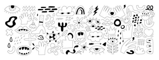 Big set of hand drawn various shapes and doodle objects, tropical elements and human hands. Abstract contemporary modern trendy illustration. All elements are isolated vector