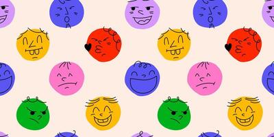 Round abstract comic Faces with various Emotions. Crayon drawing style. Different colorful characters. Cartoon style. illustration seamless pattern with happy smile colorful. Flat design vector