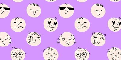 Round abstract comic Faces. Flat design. Different colored characters. Hand drawn trendy illustration for kids. Square seamless Pattern vector