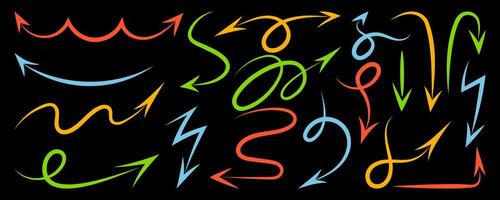 Hand drawn marker arrows set, isolated background. Doodle illustration. Freehand different colorful curved lines, swirls arrows, scribbles and scrawls, direction pointers. Design elements vector