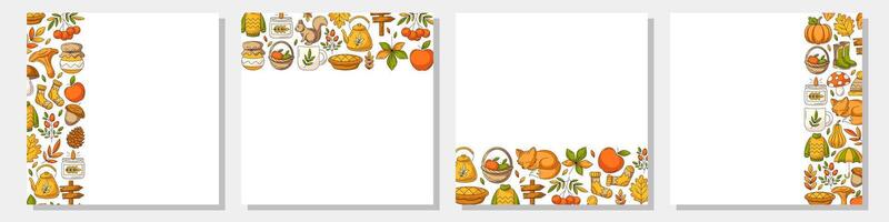 Autumn square posters set with various frame, upper, bottom, left, right side. Space for text, isolated background. Colorful fall seasonal cozy elements. For card, banner, invitation, festival vector