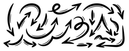 Hand drawn marker arrows set, isolated background. Doodle sketch illustration. Freehand various curved lines, swirls arrows, scribbles and scrawls, direction pointers. Graphic design elements vector