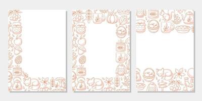Set of autumn vertical a4 poster, space for text. Minimalist monochrome red upper, bottom, corner frame with fall seasonal cozy elements. For card, banner, invitation, festival or planner vector