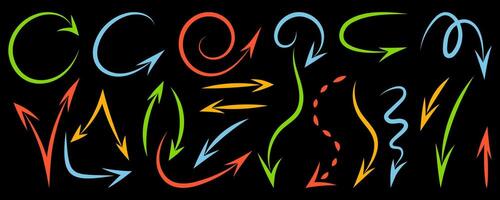 Hand drawn marker arrows set, isolated background. Doodle illustration. Freehand different colorful curved, dotted lines, swirls arrows, scribbles or scrawls, direction pointer. Design elements vector