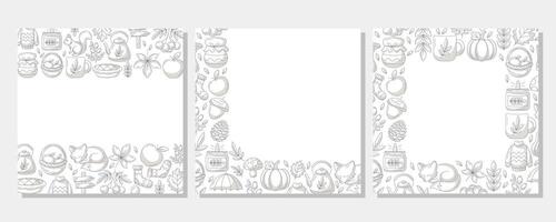 Autumn square poster set with minimalist monochrome gray various frame, upper, bottom, corner. Space for text. Fall seasonal cozy elements. For card, banner, invitation, social media, festival vector