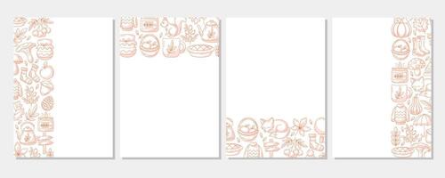 Autumn vertical a4 poster set, space for text. Minimalist monochrome red left, right side, upper, bottom frame, fall seasonal cozy elements. For card, banner, invitation, festival or planner. vector