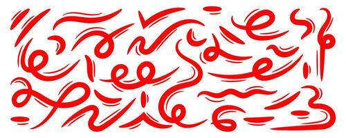 Hand drawn red marker abstract curved wavy lines set. Freehand various shapes, swirls, scribbles or scrawls, curls, doodle objects. Modern trendy illustration with bold and thin brush. vector