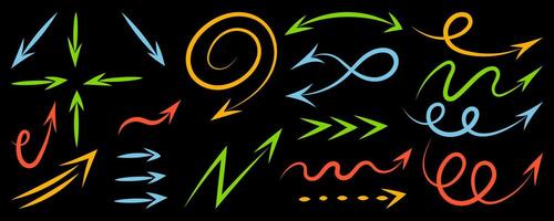 Hand drawn marker arrows set, isolated background. Doodle illustration, design elements. Freehand different colorful curved, dotted lines, swirls arrows, scribbles or scrawls, direction pointer vector