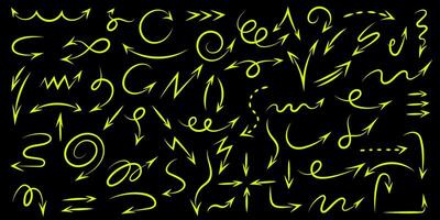 Hand drawn marker arrows set, isolated background. Freehand different curved lines, swirls arrows, scribbles and scrawls, direction pointers. Design elements, doodle sketch style vector