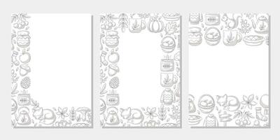 Set of autumn vertical a4 poster, space for text. Minimalist monochrome gray upper, bottom, corner frame with fall seasonal cozy elements. For card, banner, invitation, festival or planner vector