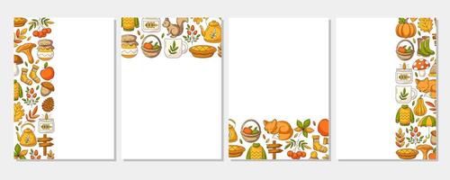 Autumn vertical a4 poster set, space for text. Colorful left, right side, upper, bottom frame, fall seasonal cozy elements. For card, banner, invitation, festival or planner. Isolated white background vector