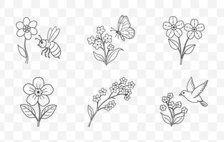 Print Forget Me Not Flower Line Art Set Delicate Botanical Illustrations of Forget Me Nots in Black and White vector
