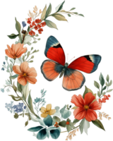a flower wreath with a butterfly and flowers on transparent background png