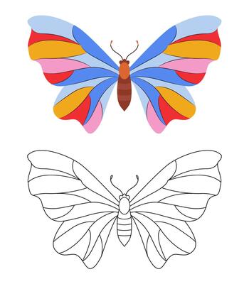 Butterfly Coloring page template. Hand Drawn. Colorful and black white butterfly doodle style. Beautiful insects line art, Retro style. Summer seasons. Coloring book