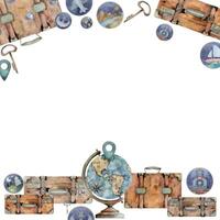 Old vintage suitcases with stickers and pins, key, photo camera, map, flask. Watercolor hand drawn illustration. Square frame. Design for tourism, travel brochure, booklet, wedding guide, print card. vector