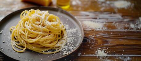 Boiled spaghetti with al dente level Cooked pasta prepared for cooking on white plate decorated with fresh parsley in side view copy space on wood table Homemade Italian traditional food concept photo