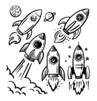 Rocket hand drawn. Drawing launch set. Astronomy sketch vector