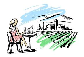 Vineyard with grape Field sketch. Woman drinking champagne at table. vector