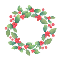 Watercolor Christmas wreath with holly and mistletoe isolated on transparent background. new year round frame with green leaves, red berries. winter border for greeting card and invitation png