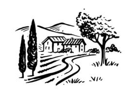 Village with road in sketch style. Small country with trees and fields. Rural nature landscape vector