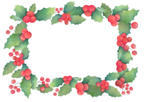 Christmas banner template with holly, mistletoe, green leaves, red berries. horizontal new year winter border frame with transparent copy space background png