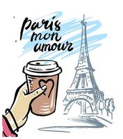 Womans hand with coffee. Paris with Eiffel Tower. Sketch vector