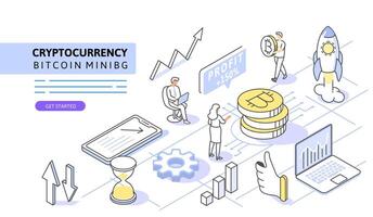 Bitcoin mining Isometric Concept. Use for web page, banner, infographics. Flat illustration editable line. vector