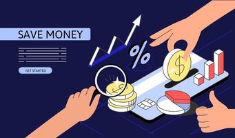 Save money Isometric Concept. Use for web page, banner, infographics. Flat illustration editable line. Hand puts coin in card. vector