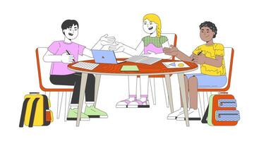 Diverse children discussing project 2D cartoon characters. Schoolchildren doing homework together isolated flat people white background. Pre-school classmates color spot illustration vector