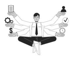 Multitasking in management black and white 2D illustration concept. Product manager working on tasks simultaneously outline character isolated. Multi-task juggling metaphor monochrome art vector