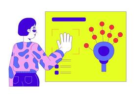 Palm scanning biometric identification cartoon flat illustration. Asian woman pressing hand print 2D character isolated on white background. Digital identity verification scene color image vector