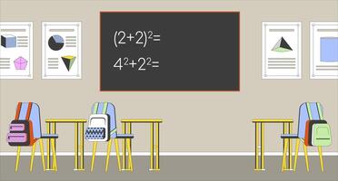Math classroom cartoon flat illustration. Equation blackboard, desks. Mathematics class middle school 2D interior colorful background. Geometry algebra study room scene storytelling image vector