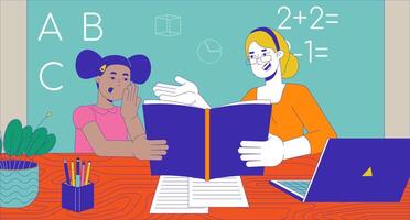 Happy teacher explaining lesson to little girl cartoon flat illustration. Tutor with student learning abc 2D characters colorful background. Elementary school scene storytelling image vector