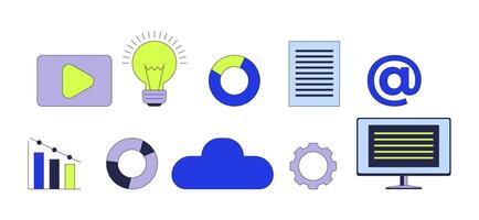 Product management 2D cartoon objects set. Corporate technology isolated flat elements white background. Analytics charts, development optimization color spot illustration collection vector