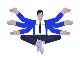 Efficient employee with multi arms 2D cartoon character. Indian male office worker isolated flat person white background. Productive businessman with many hands color spot illustration vector