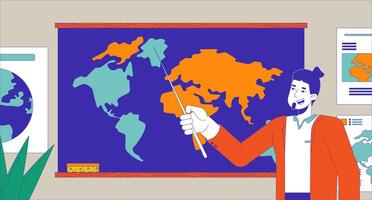 Male teacher conducting geography lesson cartoon flat illustration. Caucasian man showing world map on blackboard 2D character colorful background. School education scene storytelling image vector