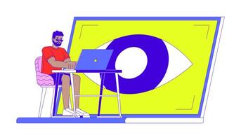 Eye control in laptop 2D illustration concept. Black man interacting with notebook via eye movements cartoon character isolated on white. Accessibility technology metaphor abstract flat graphic vector