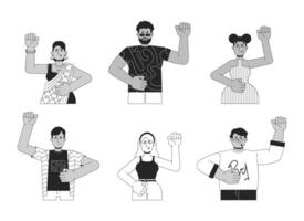 Diverse protestors activists black and white 2D line cartoon characters set. Fists raised protesters isolated outline people. Social issues monochromatic flat spot illustrations collection vector