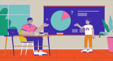 Student solving math problem with teacher at blackboard cartoon flat illustration. Tutor helping boy to learn lesson 2D characters colorful background. School class scene storytelling image vector