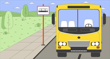 School bus stop roadside cartoon flat illustration. Road sign busstop 2D cityscape colorful background. Public transport rural. Vehicle with hills and trees landscape scene storytelling image vector