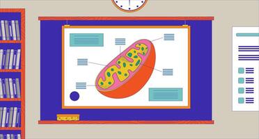 Cell model on classroom blackboard cartoon flat illustration. Biology class of high school 2D interior colorful background. Studying natural science at lesson scene storytelling image vector
