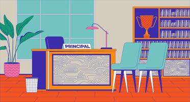 School principal office furnishing cartoon flat illustration. Desk with chairs in formal cabinet 2D interior colorful background. Education facility workplace scene storytelling image vector