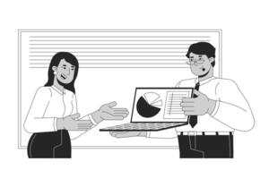 Double checking data with manager black and white flat line illustration. Diverse supervisor with subordinate 2D lineart characters isolated. Analytics in management monochrome outline image vector