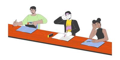 Diverse university classmates listening to lecture 2D cartoon characters. Course taking. Multinational young adults isolated flat people white background. College class color spot illustration vector