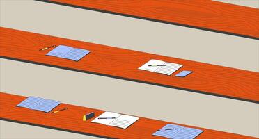 Lecture hall empty cartoon flat illustration. University auditorium 2D interior colorful background. Seminar notebooks tables row schoolroom. College classroom scene storytelling image vector