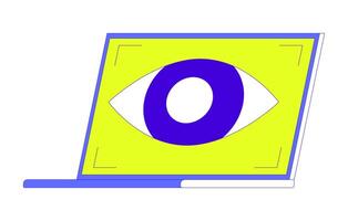 Laptop eye tracking 2D cartoon object. Monitoring surveillance notebook isolated flat element white background. Digital authorization. Identification technology color spot illustration vector