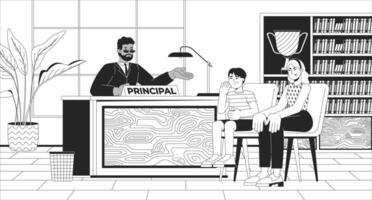 School principal with bully and his mother black and white line illustration. Teacher and parent discussing student behavior 2D characters monochrome background. Education outline image vector