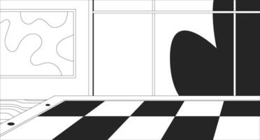 Abstract futuristic interior black and white line illustration. Checkerboard chess board 2D indoors monochrome background. Empty chessboard surface retro. Glass windows outline image vector