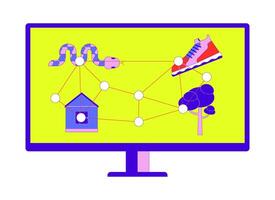 Computer screen-based eye tracking cartoon flat illustration. Visual response to stimuli displayed on monitor 2D object isolated on white background. Eyetracking task scene color image vector