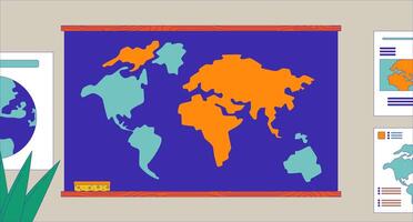Geography class with world map cartoon flat illustration. Natural science materials in classroom 2D interior colorful background. School education course scene storytelling image vector